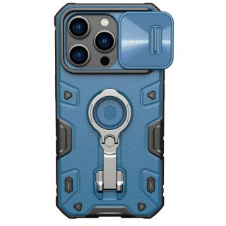 Nillkin CamShield Armor Pro MagSafe iPhone 14 Pro ütésálló kemény hátlap tok + kameravédő + állvány - kék