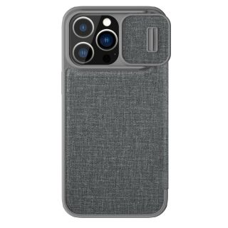 Nillkin Qin Cloth Pro iPhone 14 Pro Max kinyitható kemény hátlap tok + kameravédő - szürke