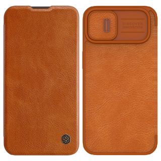 Nillkin Qin Leather Pro iPhone 14 kinyitható bőr tok + kameravédő - barna