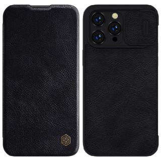 Nillkin Qin Leather Pro iPhone 14 Pro Max kinyitható bőr tok + kameravédő - fekete