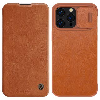 Nillkin Qin Leather Pro iPhone 14 Pro Max kinyitható bőr tok + kameravédő - barna