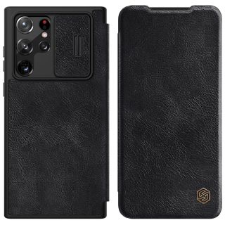 Nillkin Qin Leather Pro Samsung Galaxy S22 Ultra ütésálló kinyitható bőr tok kameravédővel - fekete