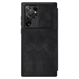 Nillkin Qin Leather Pro Samsung Galaxy S22 Ultra ütésálló kinyitható bőr tok kameravédővel - fekete