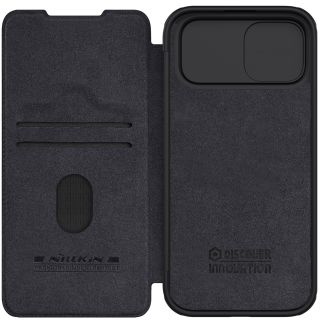 Nillkin Qin Leather Pro iPhone 15 kinyitható bőr tok kameravédővel - fekete