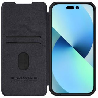 Nillkin Qin Leather Pro iPhone 14 Plus / 15 Plus kinyitható bőr tok kameravédővel - fekete