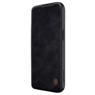 Nillkin Qin Leather Pro iPhone 14 Plus / 15 Plus kinyitható bőr tok kameravédővel - fekete
