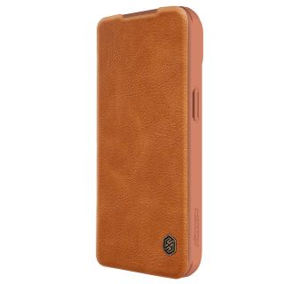 Nillkin Qin Leather Pro iPhone 14 Plus / 15 Plus kinyitható bőr tok kameravédővel - barna