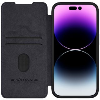 Nillkin Qin Leather Pro iPhone 15 Pro kinyitható bőr tok kameravédővel - fekete