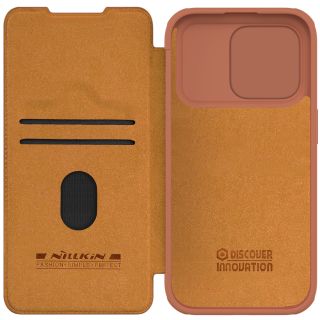 Nillkin Qin Leather Pro iPhone 15 Pro kinyitható bőr tok kameravédővel - barna