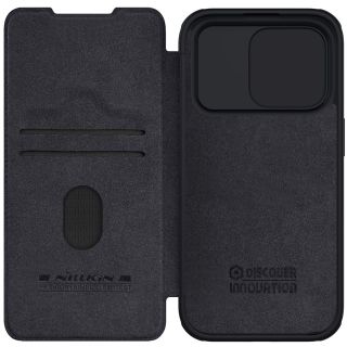 Nillkin Qin Leather Pro iPhone 15 Pro Max kinyitható bőr tok kameravédővel - fekete