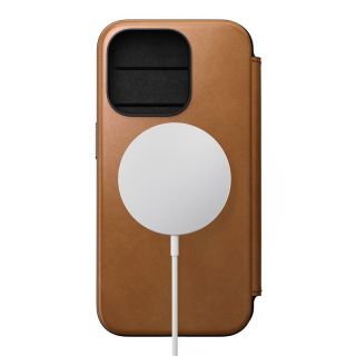 Nomad Modern Folio MagSafe iPhone 15 Pro kinyitható bőr tok - világosbarna