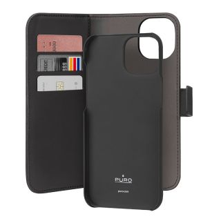 Puro Wallet Detachable 2w1 iPhone 15 kinyitható bőr tok - fekete