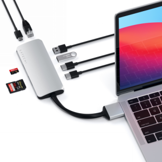 Satechi Dual Multimedia USB-C hub adapter (USB-C, 2xHDMI, 2xUSB-A, Ethernet, SD-kártya) - ezüst