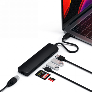 Satechi Slim Multiport USB-C hub adapter (USB-C, 2x USB-A, 4k HDMI, Ethernet, SD-kártya) - fekete