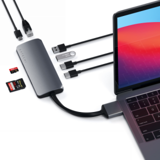 Satechi Dual Multimedia USB-C hub adapter (USB-C, 2xUSB-A, 2xHDMI, Ethernet, SD-kártya) - szürke