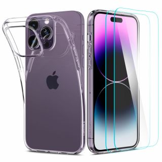 Spigen Crystal Pack iPhone 14 Pro Max ütésálló szilikon hátlap tok kijelzővédő üvegfóliával - átlátszó