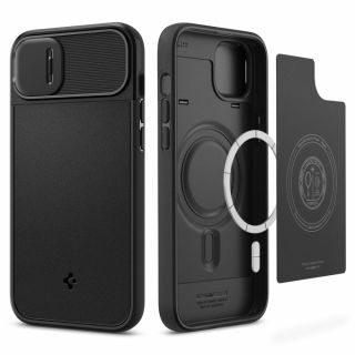 Spigen Optik Armor MagSafe iPhone 14 Plus ütésálló szilikon hátlap tok kameravédővel - fekete