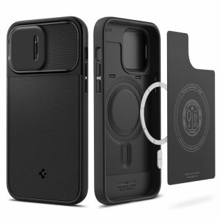 Spigen Optik Armor MagSafe iPhone 14 Pro ütésálló szilikon hátlap tok kameravédővel - fekete