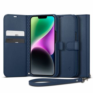 Spigen Wallet S iPhone 14 kinyitható bőr tok - kék