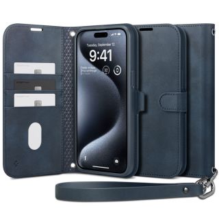 Spigen Wallet S Pro iPhone 15 Pro Max kinyitható bőr tok nyakpánttal - kék