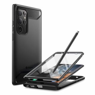 Supcase Clayco Xenox Samsung Galaxy S22 Ultra ütésálló hátlap tok kijelzővédővel - fekete