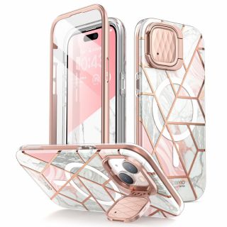 Supcase Cosmo Mag MagSafe iPhone 15 ütésálló tok kijelzővédővel - márvány/rózsaszín