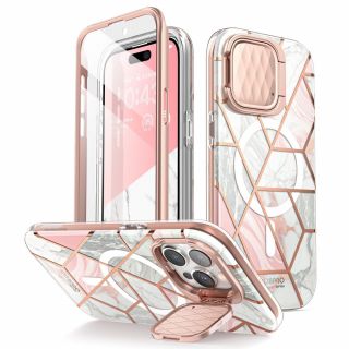 Supcase Cosmo Mag MagSafe iPhone 15 Pro Max ütésálló tok kijelzővédővel - márvány/rózsaszín