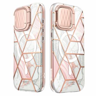 Supcase Cosmo Mag MagSafe iPhone 15 Pro Max ütésálló tok kijelzővédővel - márvány/rózsaszín