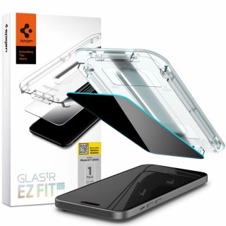 Spigen GLAS.tR EZ Fit Privacy iPhone 15 betekintésgátló kijelzővédő üvegfólia felhelyezőkerettel