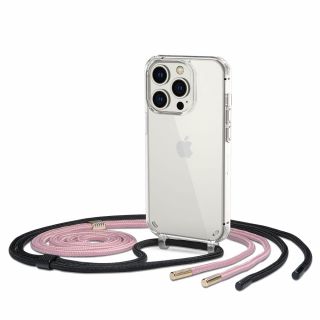 Tech-Protect FlexAir Chain iPhone 14 Pro kemény hátlap tok fekete és rózsaszín nyakpánttal - átlátszó