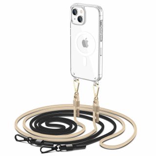 Tech-Protect Flexair Chain MagSafe iPhone 15 kemény hátlap tok + nyakpánt - átlátszó/fekete/bézs