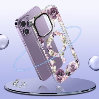 Tech-Protect Magmood MagSafe iPhone 15 szilikon hátlap tok - virágos/rózsaszín