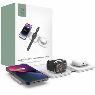 Tech-Protect Qi15W-A24 3in1 MagSafe iPhone + Apple Watch + AirPods Qi vezeték nélküli töltő állvány - fehér