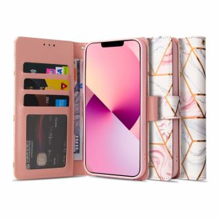 Tech-Protect Wallet iPhone 13 Pro kinyitható bőr tok - rózsaszín márvány