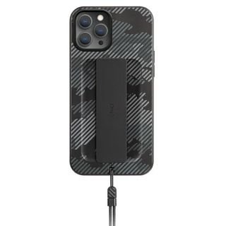 Uniq Heldro iPhone 12 / 12 Pro kemény hátlap tok + pánt + csuklópánt - fekete, mintás