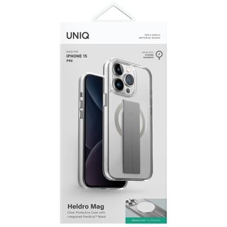Uniq Heldro Magclick MagSafe iPhone 15 Pro ütésálló kemény hátlap tok + csuklópánt - átlátszó