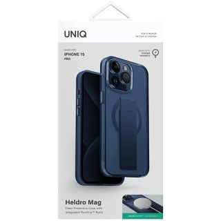 Uniq Heldro Magclick MagSafe iPhone 15 Pro ütésálló kemény hátlap tok + csuklópánt - kék
