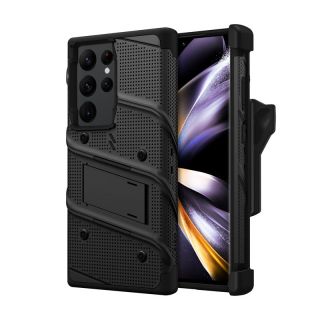 Zizo Bolt Series Samsung Galaxy S23 Ultra ütésálló kemény hátlap tok + állvány + kijelzővédő üvegfólia - fekete