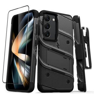 Zizo Bolt Series Samsung Galaxy S23 ütésálló kemény hátlap tok + állvány + kijelzővédő üvegfólia - fekete