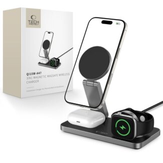 Tech-Protect QI15W-A47 3in1 MagSafe iPhone + Apple Watch + AirPods Qi összecsukható vezeték nélküli töltő állvány - fekete