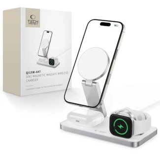 Tech-Protect QI15W-A47 3in1 MagSafe iPhone + Apple Watch + AirPods Qi összecsukható vezeték nélküli töltő állvány - fehér