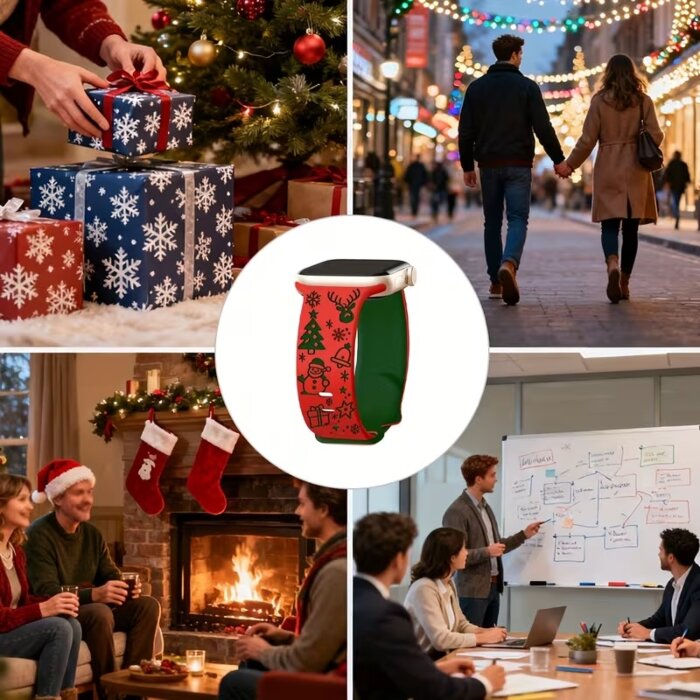 iKi X-Mas Apple Watch 46mm / 45mm / 44mm / Ultra 49mm karácsonyi szilikon szíj - piros/zöld